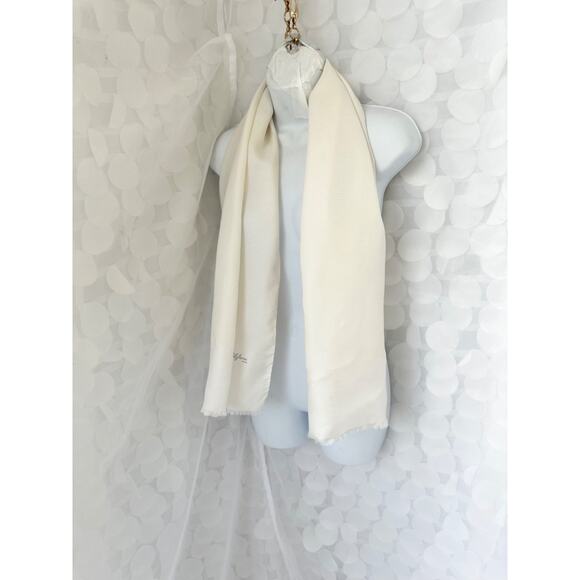 100% Silk Womens LONG rectangular cream scarf pashima HOUNDSTOOTH fringe ITALY - Picture 8 of 8